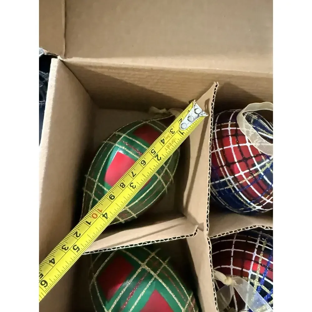 Vintage Jeffrey Banks Home Set of 8 Large Plaid Tartan Glass Ornaments w/ Box